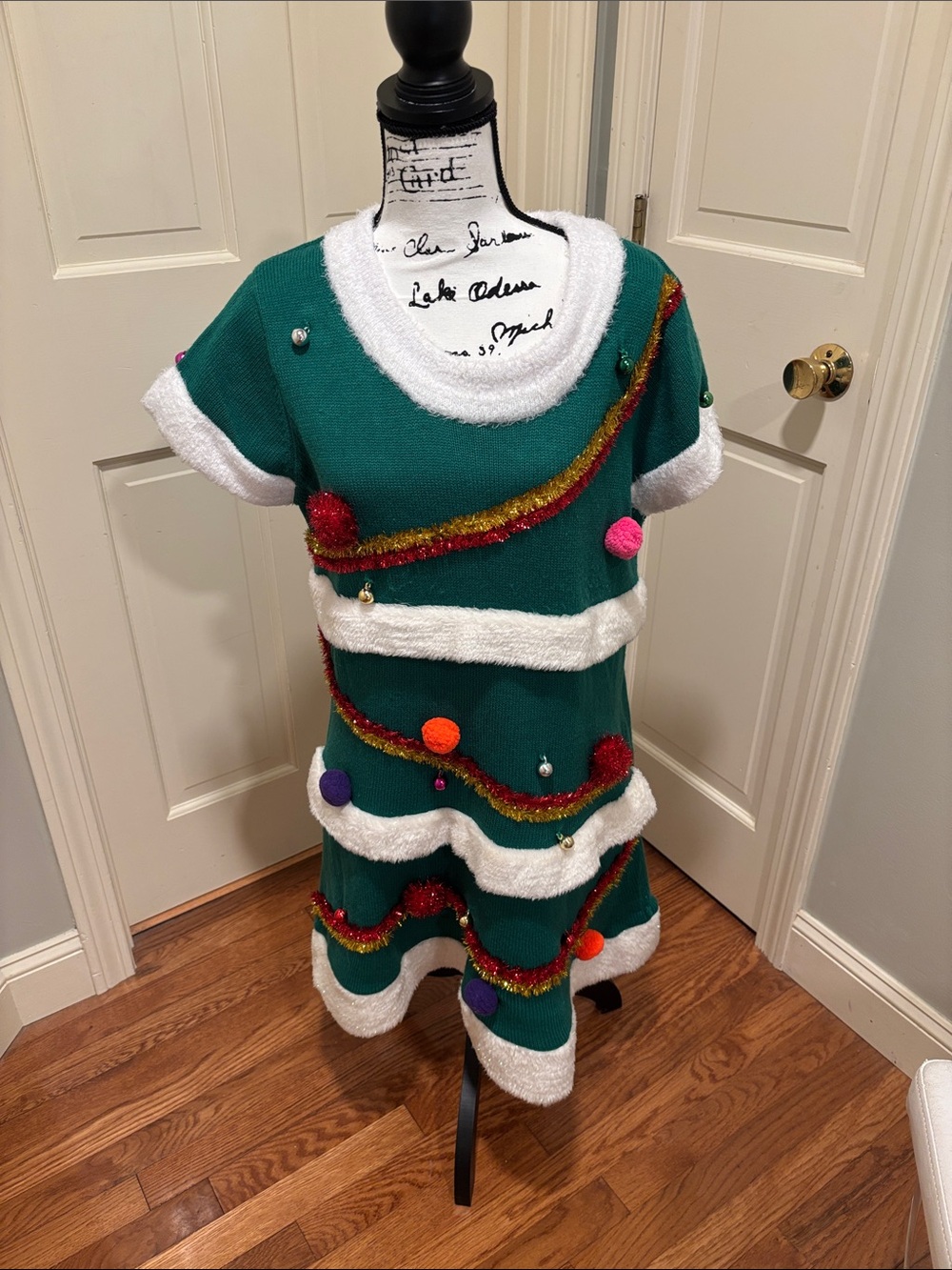 Holiday Time Green Sweater Dress, White Faux Fur Trim and Multicolor Pom Accents